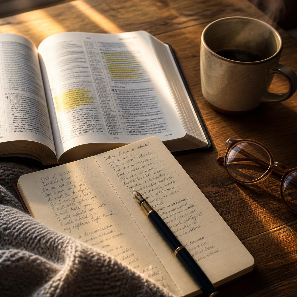 An open Bible and journal in warm morning light